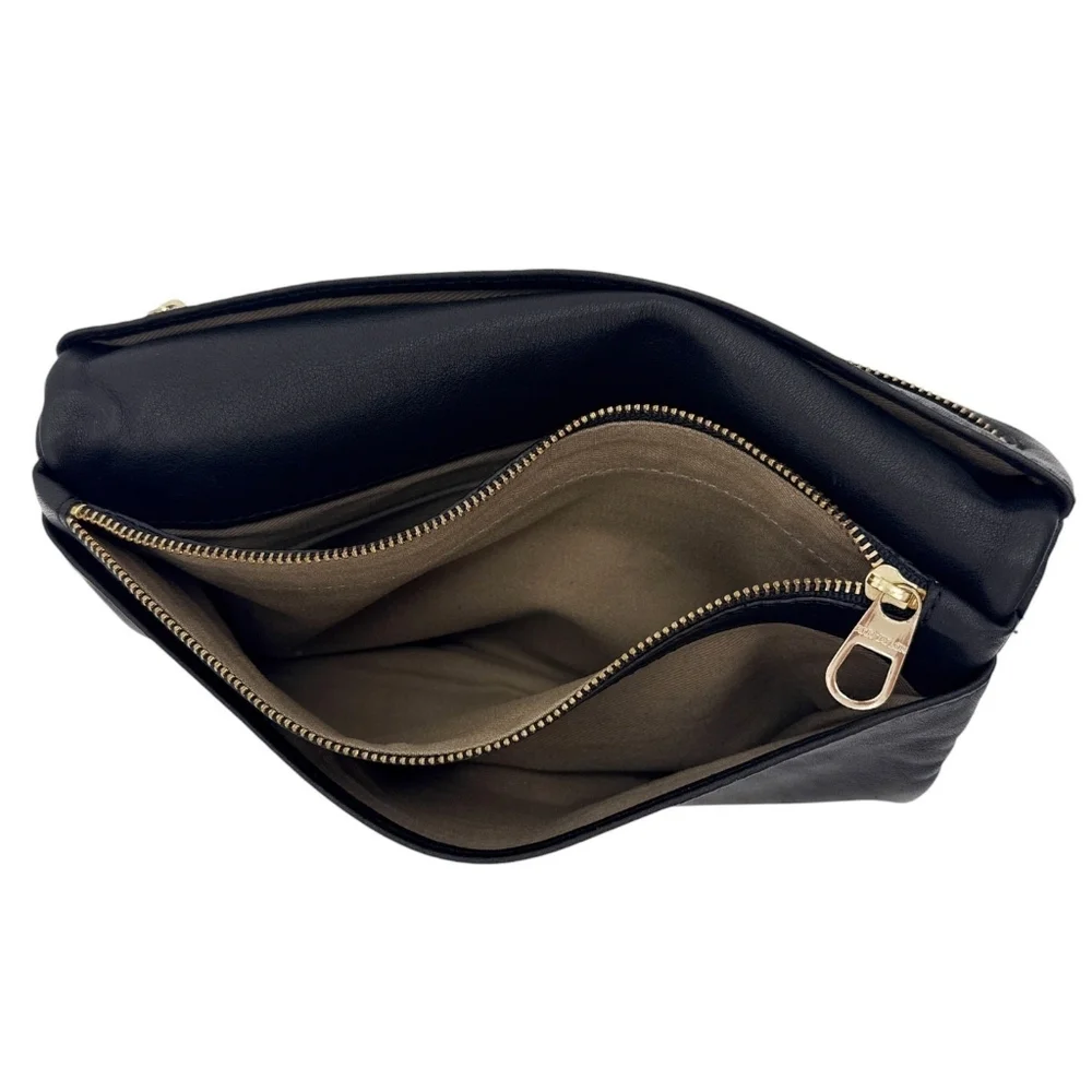 Ann Taylor Leather Clutch Fold Over Black Evening Bag Gold Capsule Minimalist